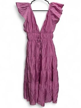 Ella Blue purple flowy midi summer dress plunging V-neckline and ruffled sleeves